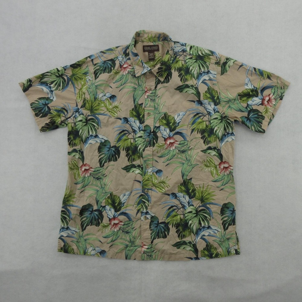Cooke Street Hawaiian Shirt Mens XL Beige Cotton Tropical Aloha Floral Button Up